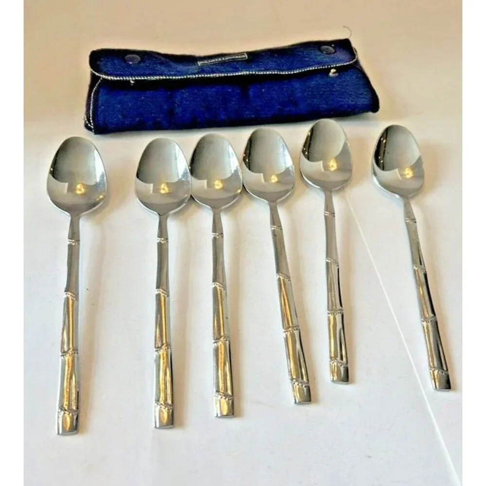 PRESENT Japan‎ Stainless BORNES Line 6 Teaspoons Dotted Bamboo Handle 6.5